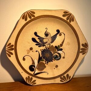 VINTAGE Tonala MEXICAN POTTERY Hexagon BIRD Toucan WALL PLATE BOWL Blue 10".